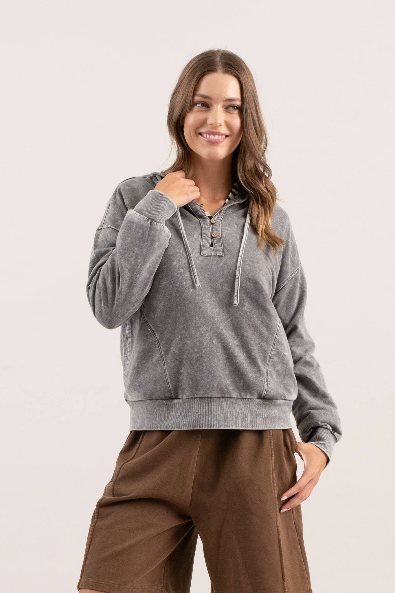 Casual Cutie (Black) Wash Hooded Henley