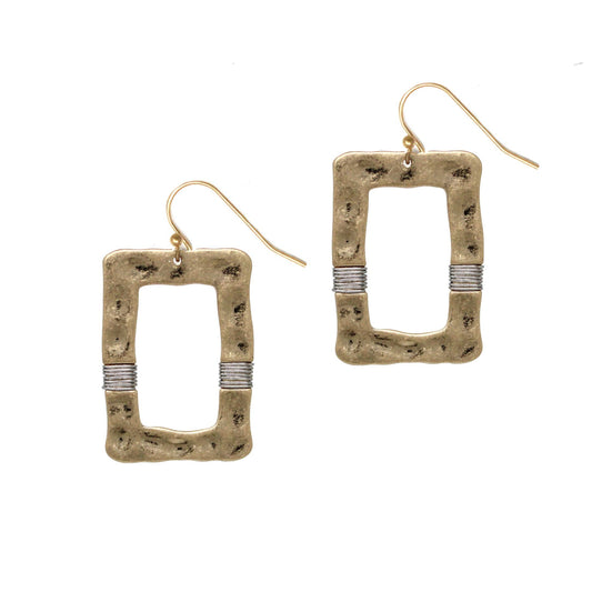 Gold Hammered Rectangle & Silver Wire Earring
