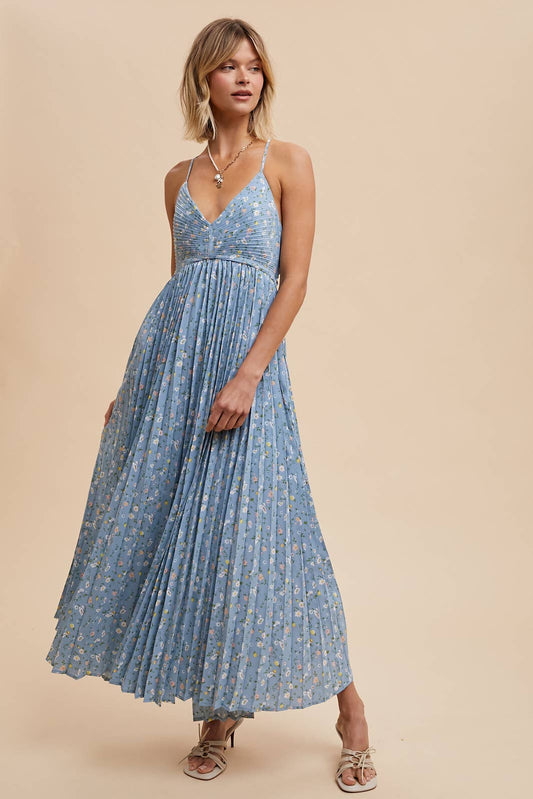 Full Bloom (Blue) Pleated Floral Maxi Dress