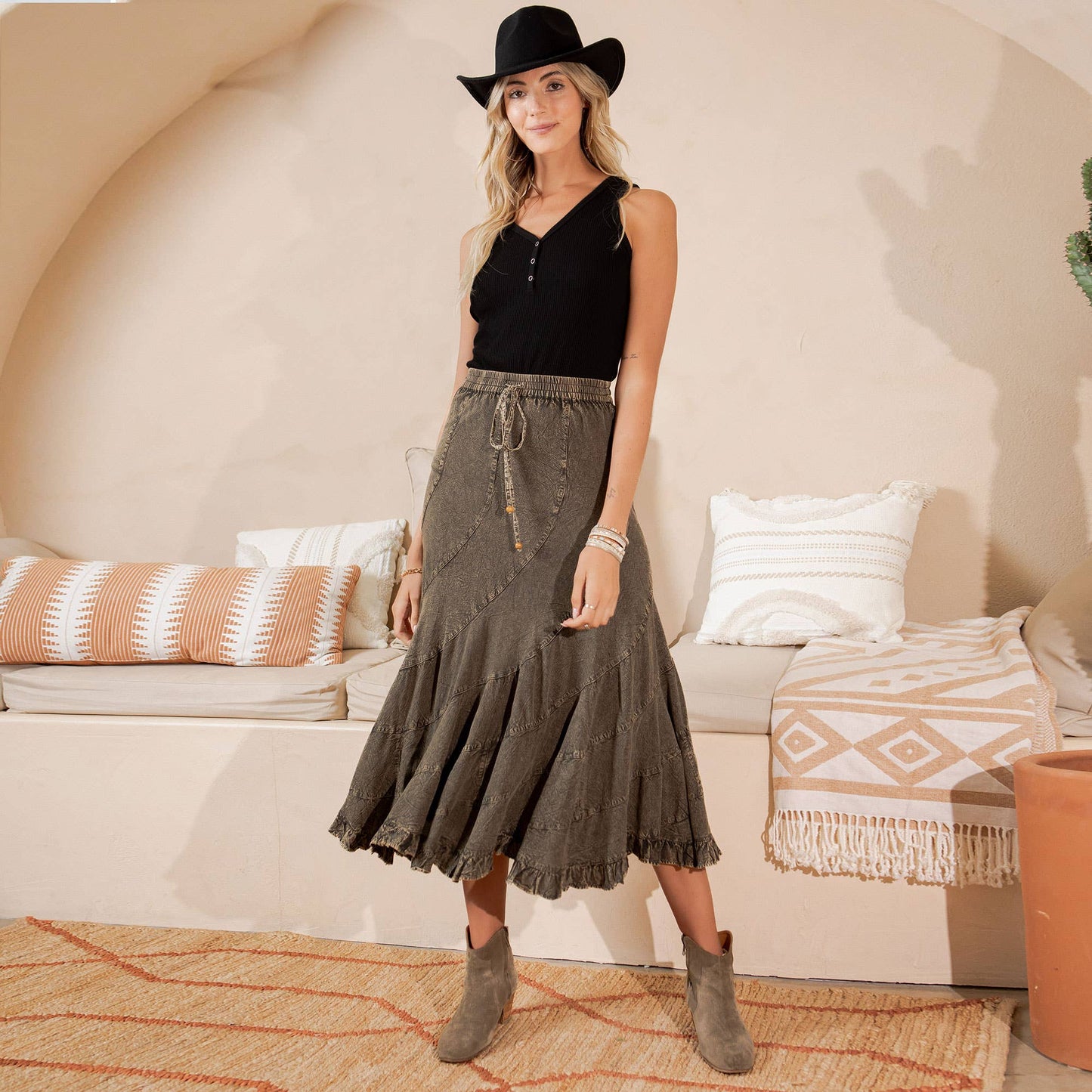 Boho Flair (Gravel) Ruffle Midi Skirt