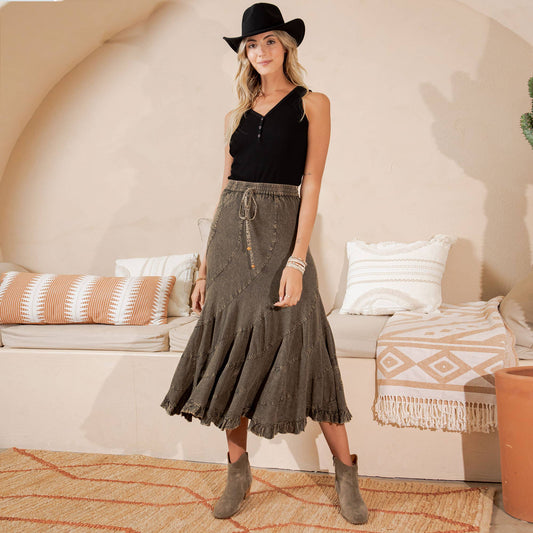 Boho Flair (Gravel) Ruffle Midi Skirt