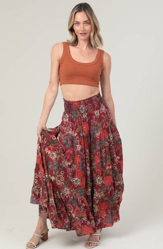 Boho Bloom (Wine) Floral Tiered Skirt