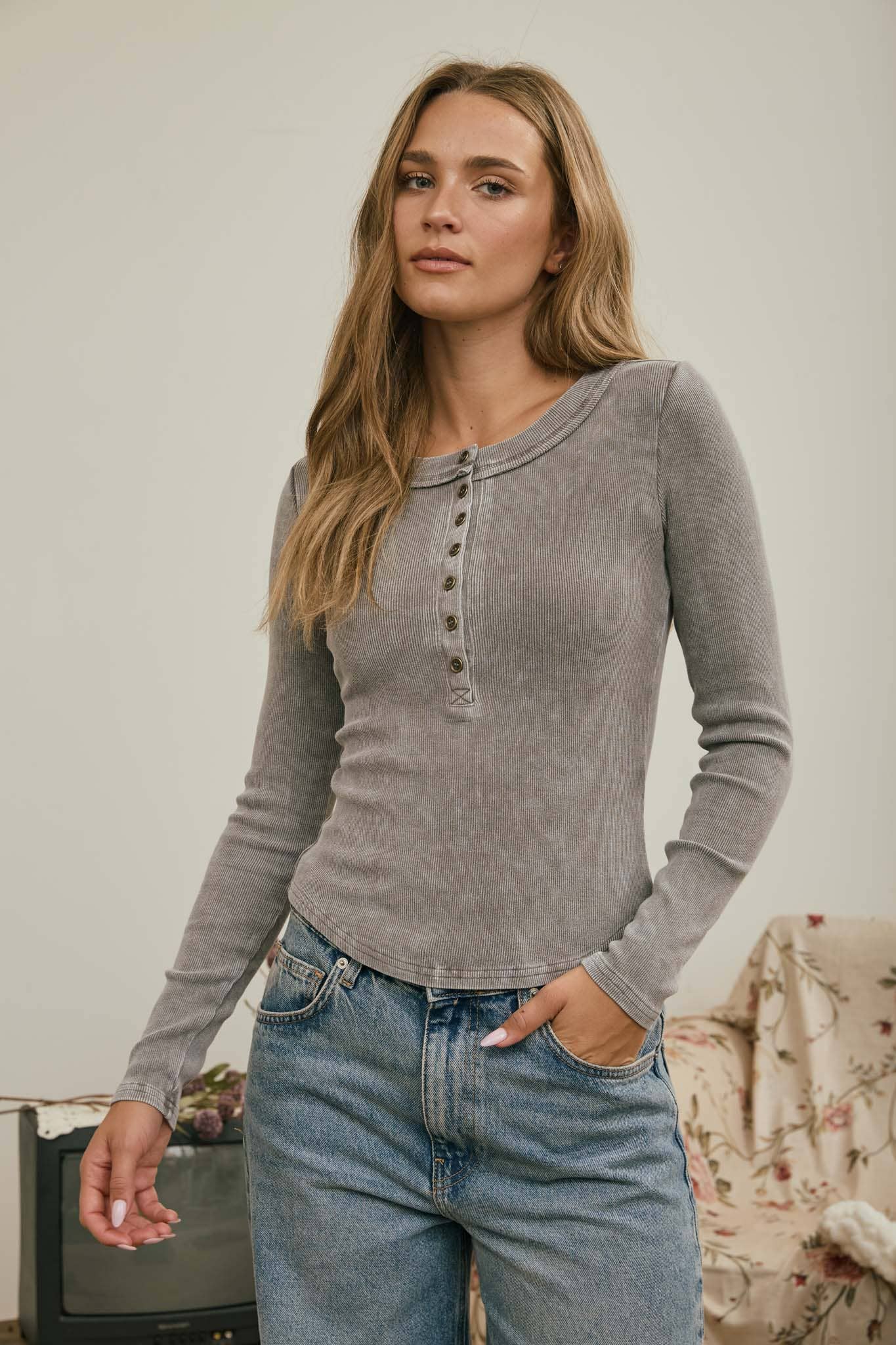 Feeling Fresh (Grey) Washed Henley Top