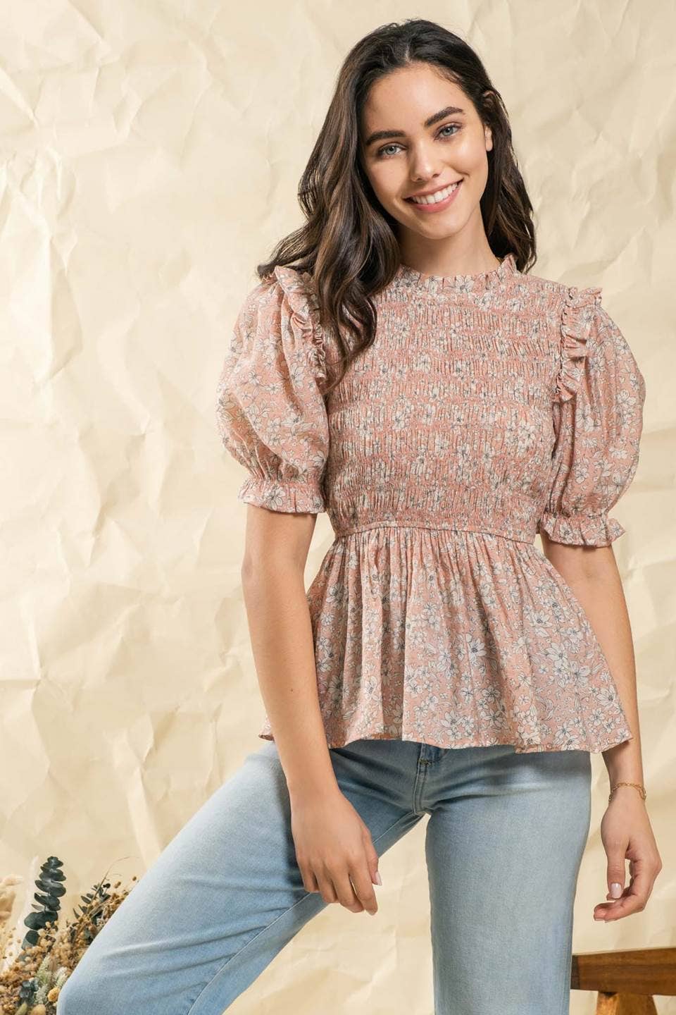 Too Chic (Peach) Puff Sleeve Top