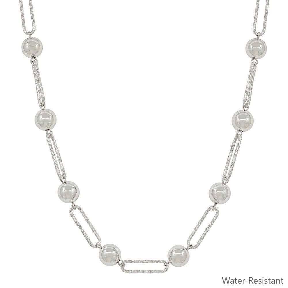 Water Resistant Silver Open Oval & Bead Necklace