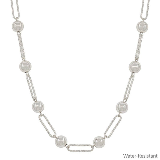 Water Resistant Silver Open Oval & Bead Necklace