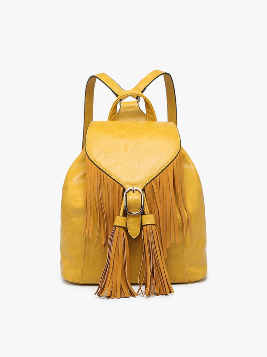 Jewel Mustard Distressed Bucket Backpack w/ Fringe