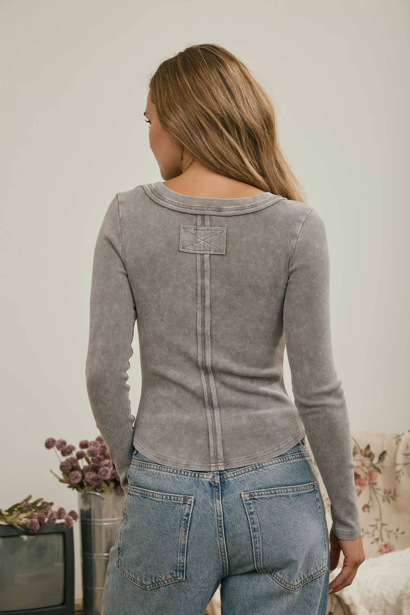 Feeling Fresh (Grey) Washed Henley Top