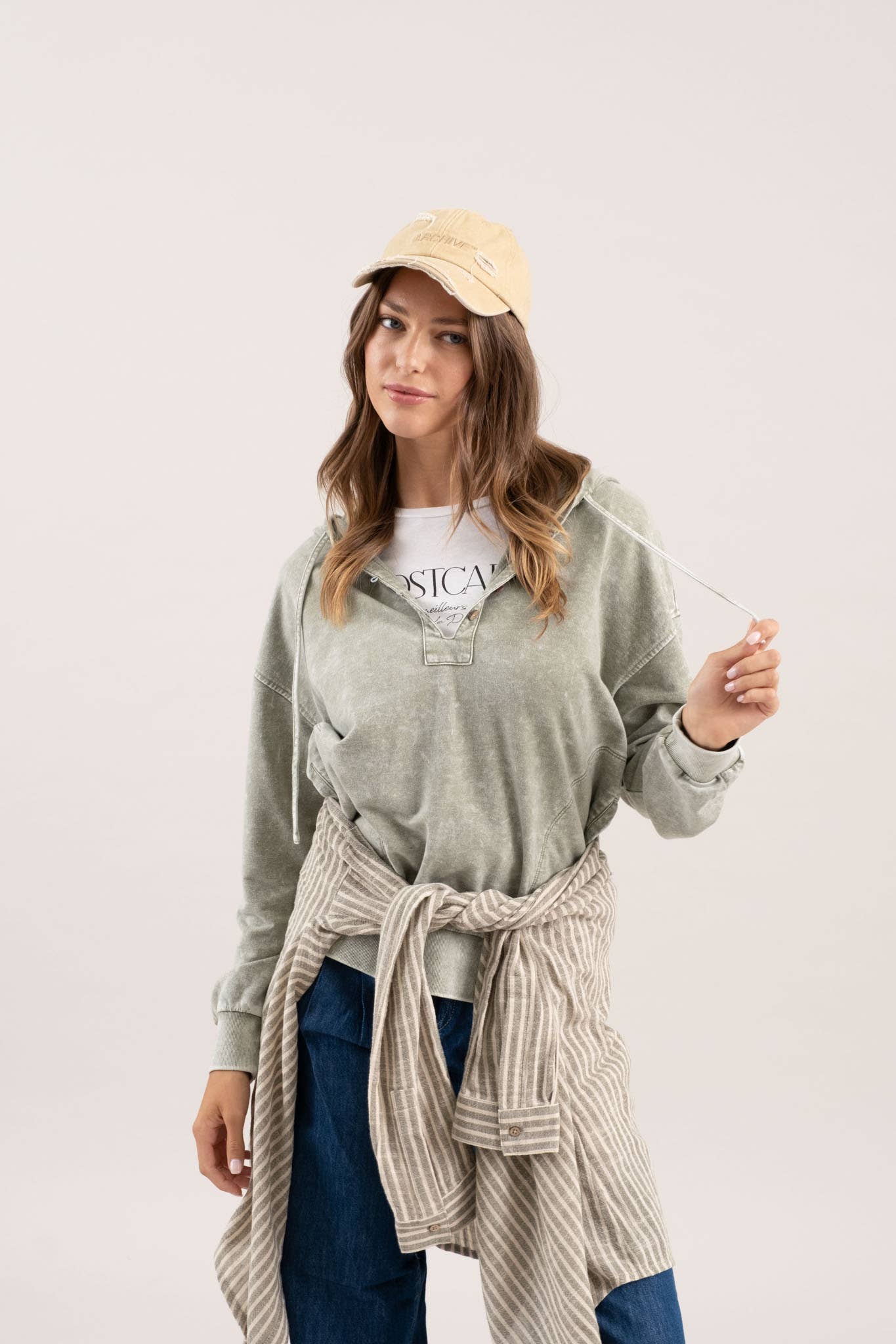 Casual Cutie (Olive) Wash Hooded Henley