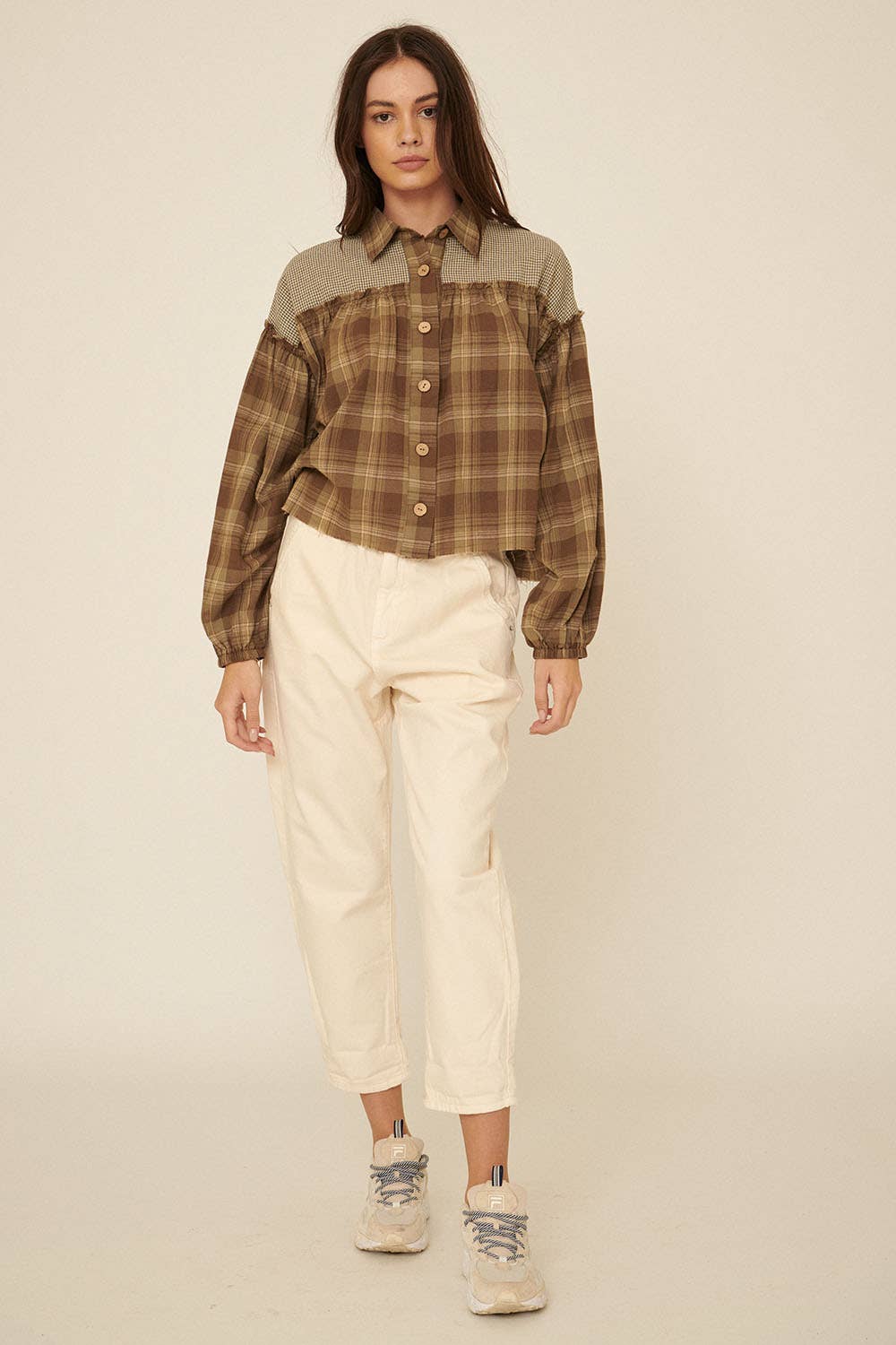 Open Skies (Olive) Plaid Ruffle Seam Top