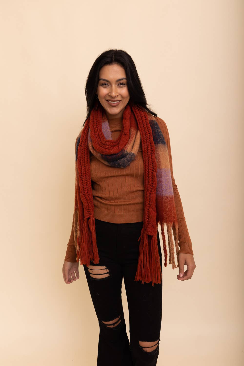 Cozy Knit (Rust) Dual Texture Plaid Scarf