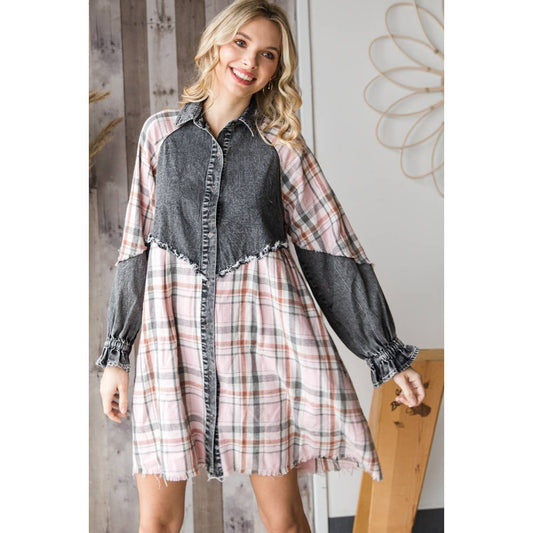 Pretty In Plaid Contrast Denim Dress