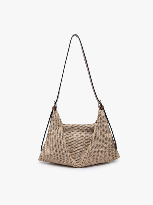 Samantha Soft Straw Woven Shoulder Bag w/ Snap Closure: Natural/Brown