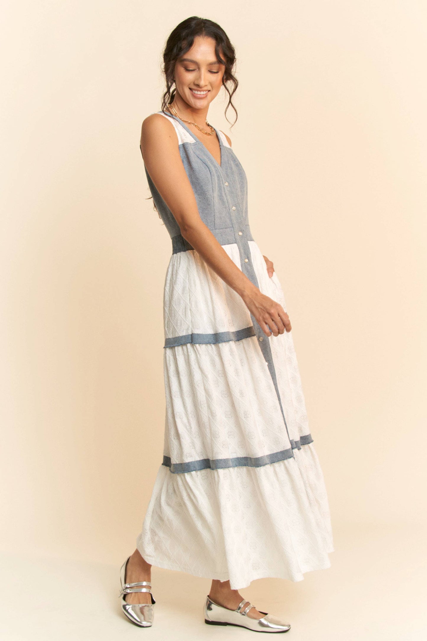 Down A Hidden Lane Denim & Lace Dress