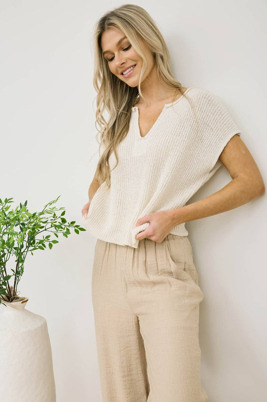 Day Trip (Cream) SS Split Neck Sweater