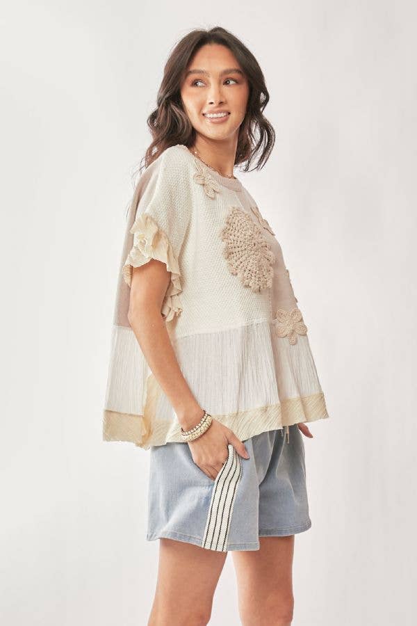 One & Only (Tan) Sweater Boho Ruffle Top