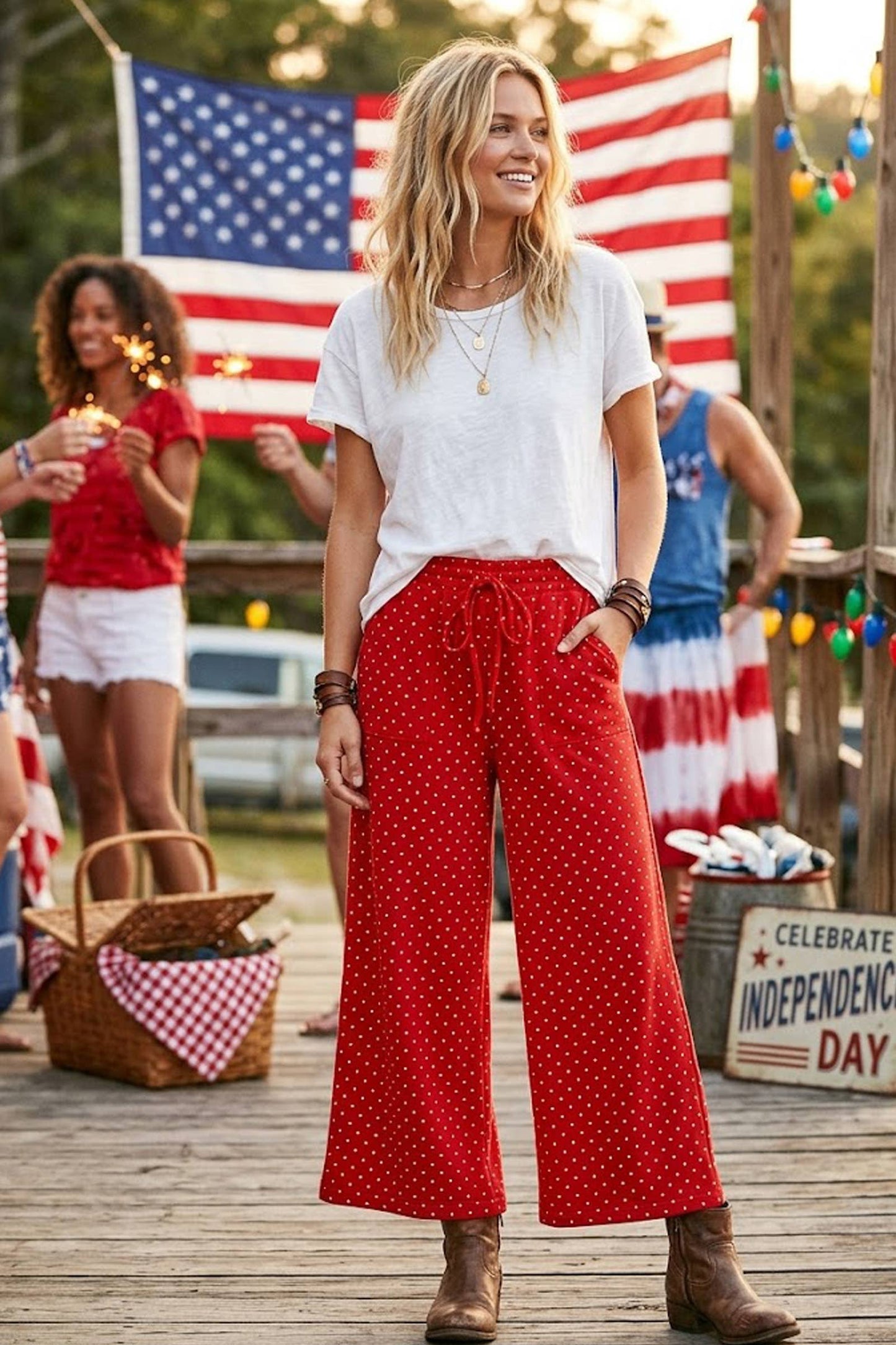 Dot To Dot (Red/Wh) Wide Leg Pants