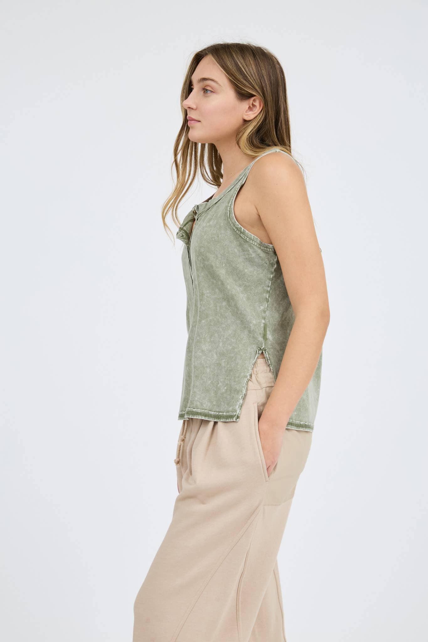 Time Off (Olive) Washed Henley Tank