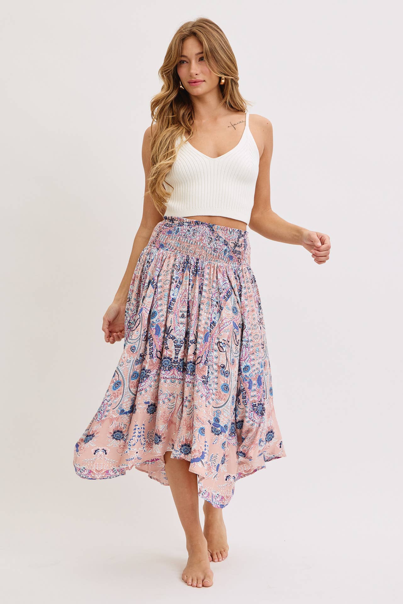 Playful Paisley Boho Print Midi Skirt