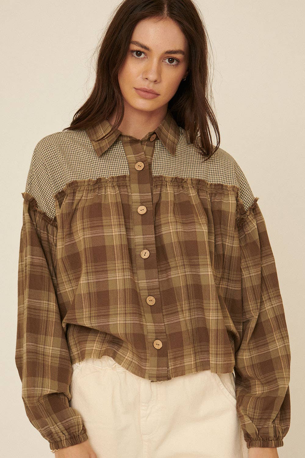 Open Skies (Olive) Plaid Ruffle Seam Top