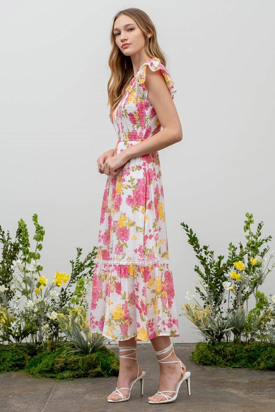 Spring Blooms Floral Smocked Midi Dress