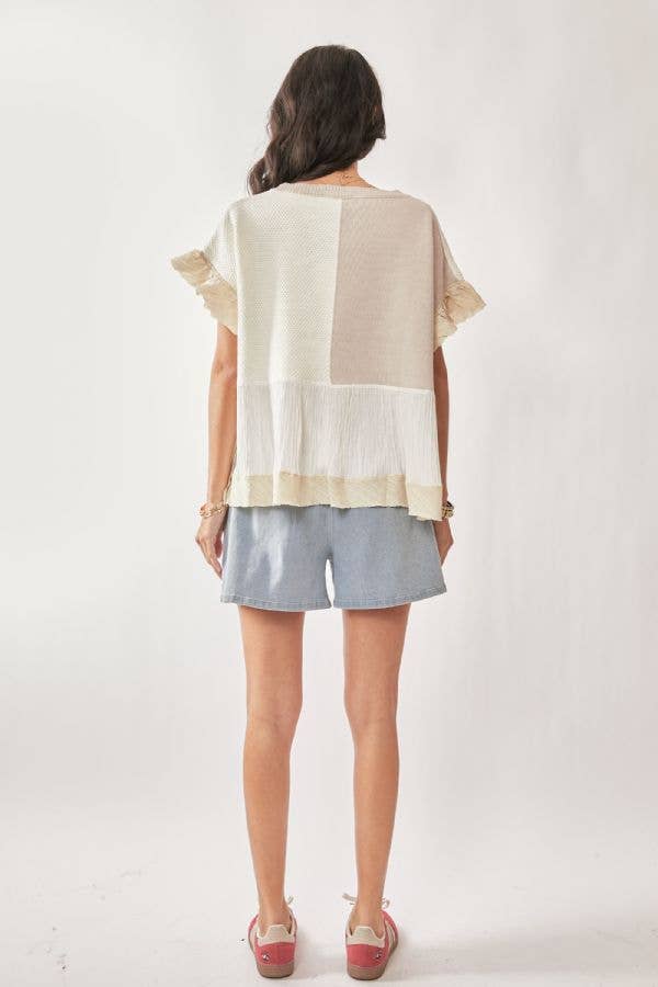 One & Only (Tan) Sweater Boho Ruffle Top