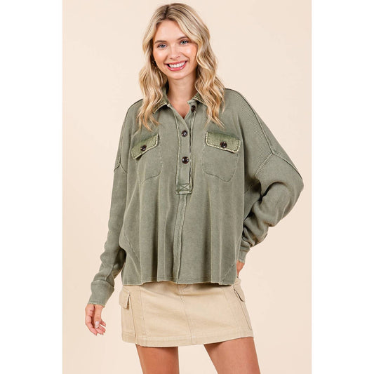 There She Goes (Olive) Waffle Henley Top