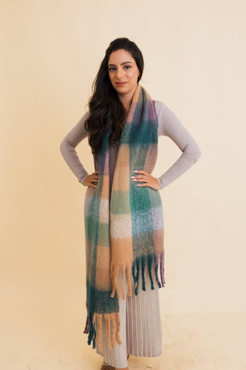 Cup Of Cozy (Blue) Long Fringe Plaid Scarf