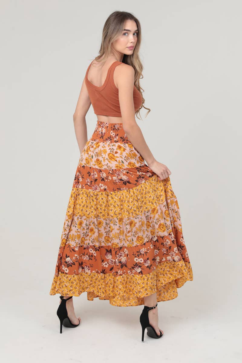 Pumpkin Spice Floral Tiered Maxi Skirt