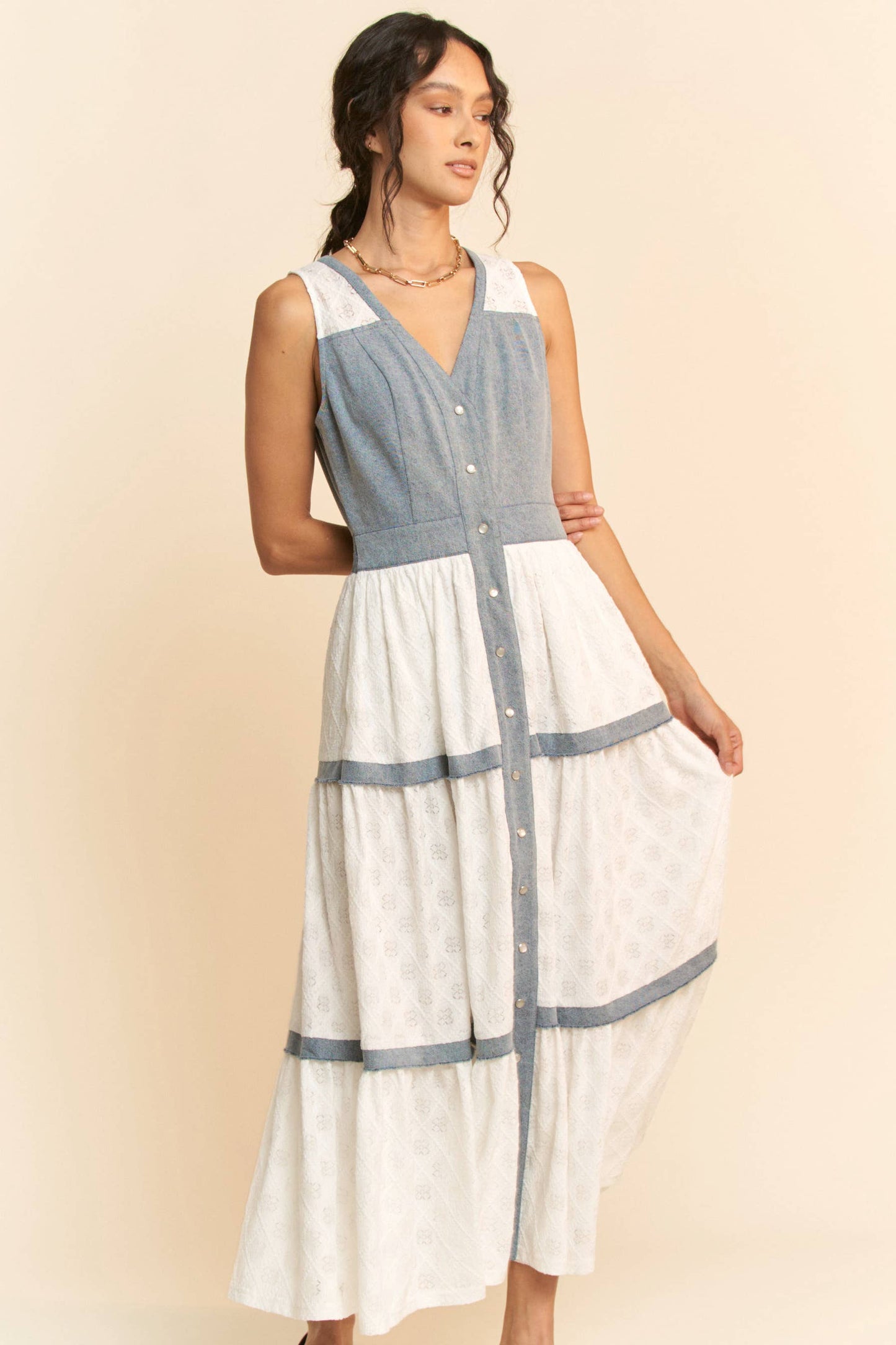 Down A Hidden Lane Denim & Lace Dress