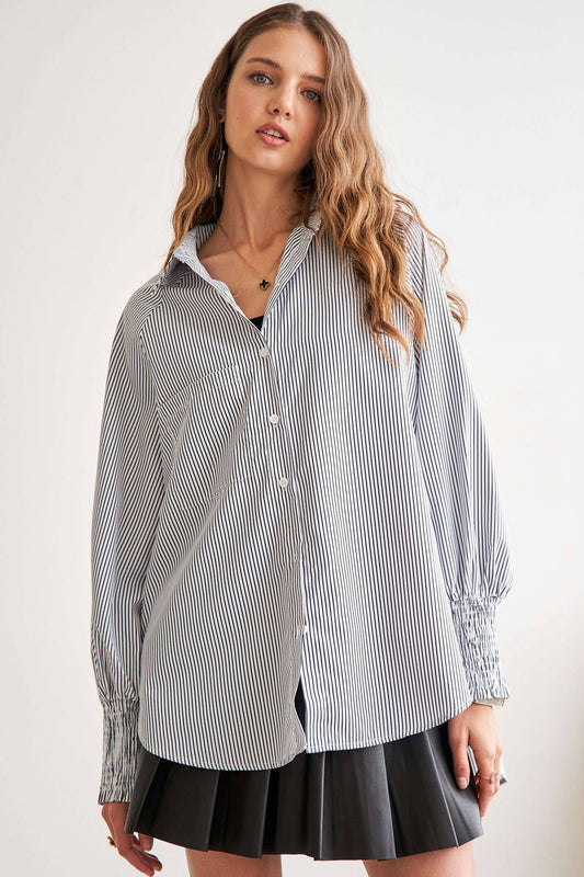 New Way (Grey) Smock Cuff Stripe Shirt