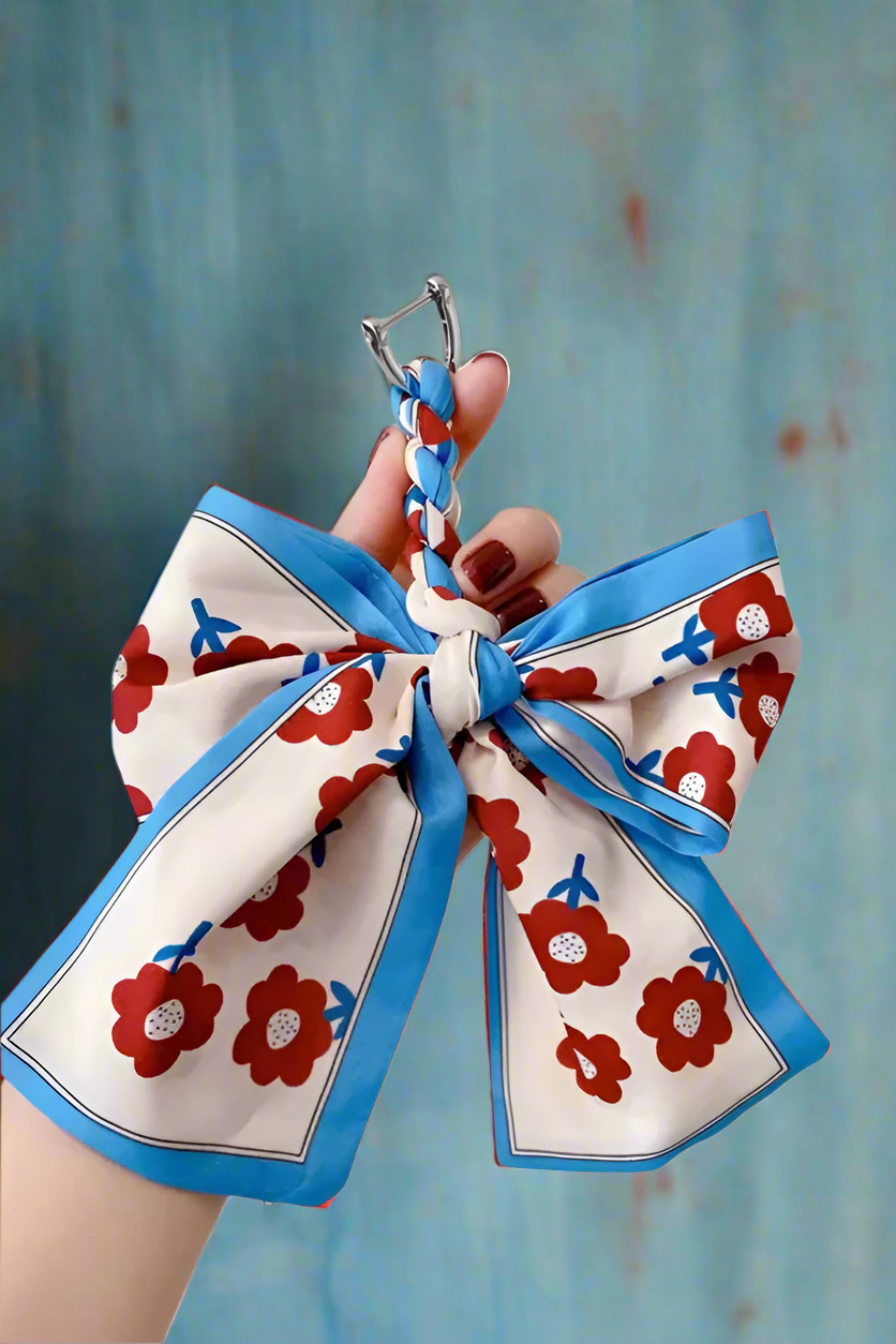 Ivory/Blue Floral Scarf Bow Purse Charm