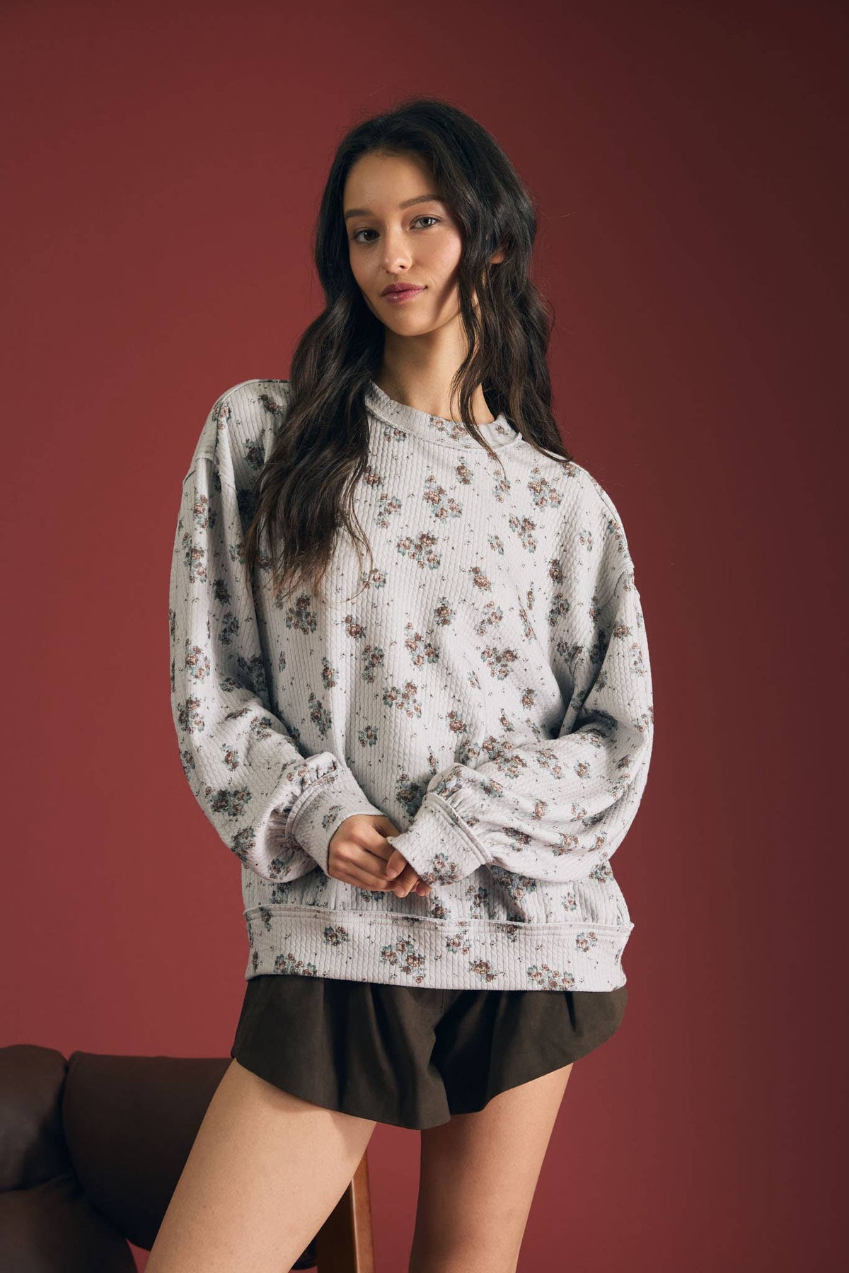 In Good Time (Grey) Floral Dot Knit Top