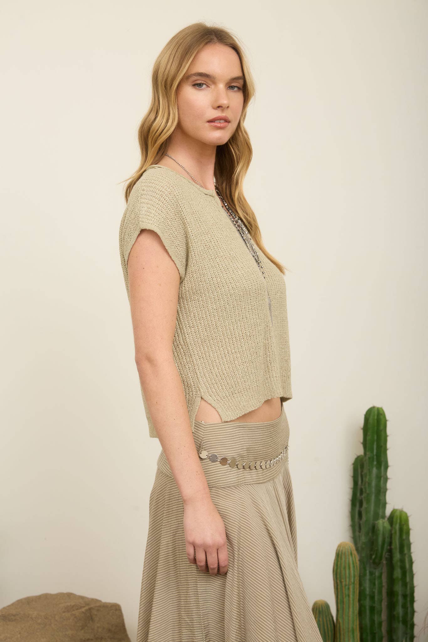 Day Trip (Lt Olive) SS Split Neck Sweater