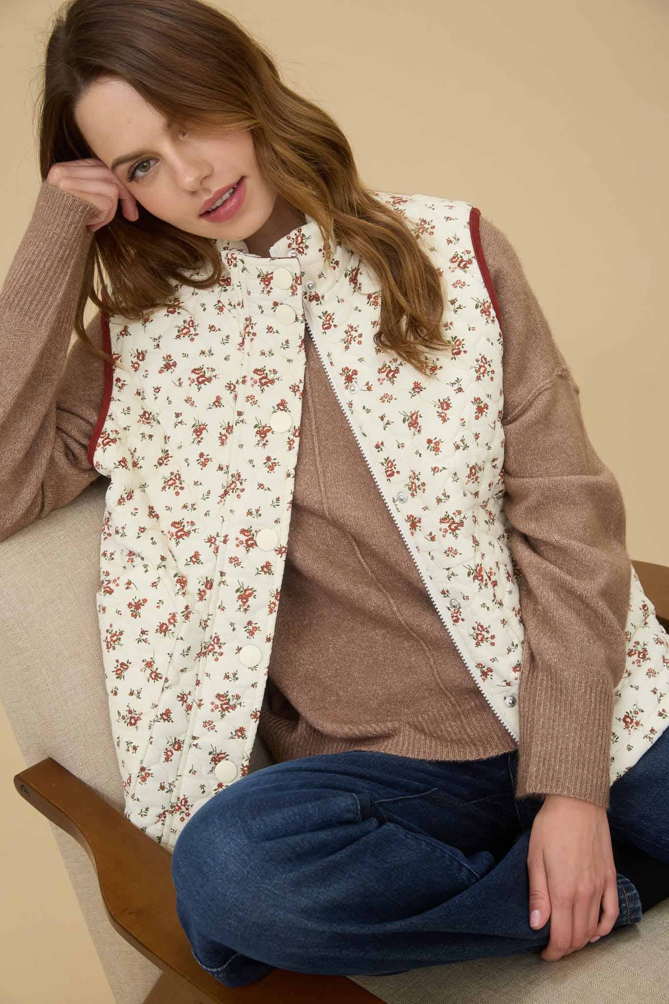 Fall For You (Cream) Floral Quilted Vest
