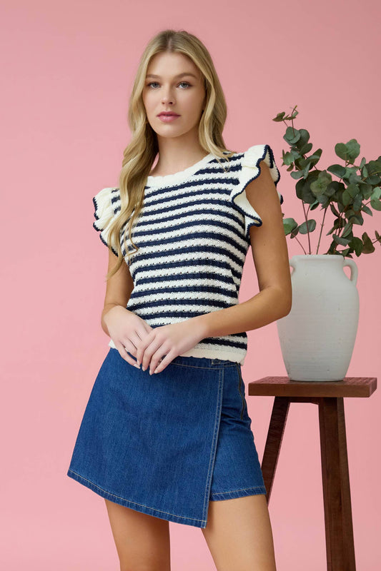 Set Sail (Navy) Stripe Ruffle Slv Sweater