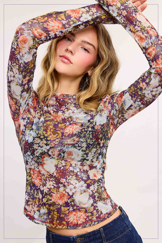 In Bloom (Purple) Floral Mesh Layer Top