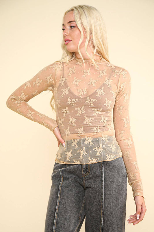 Simply Said (Tan) Sheer Lace Layering Top