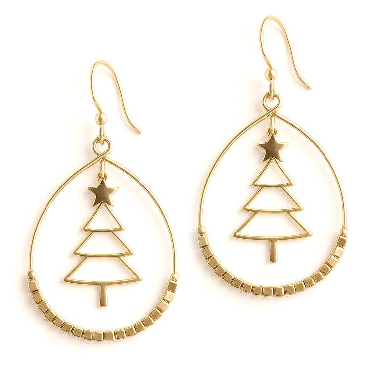 Gold Christmas Tree Cutout Hoop Earrings