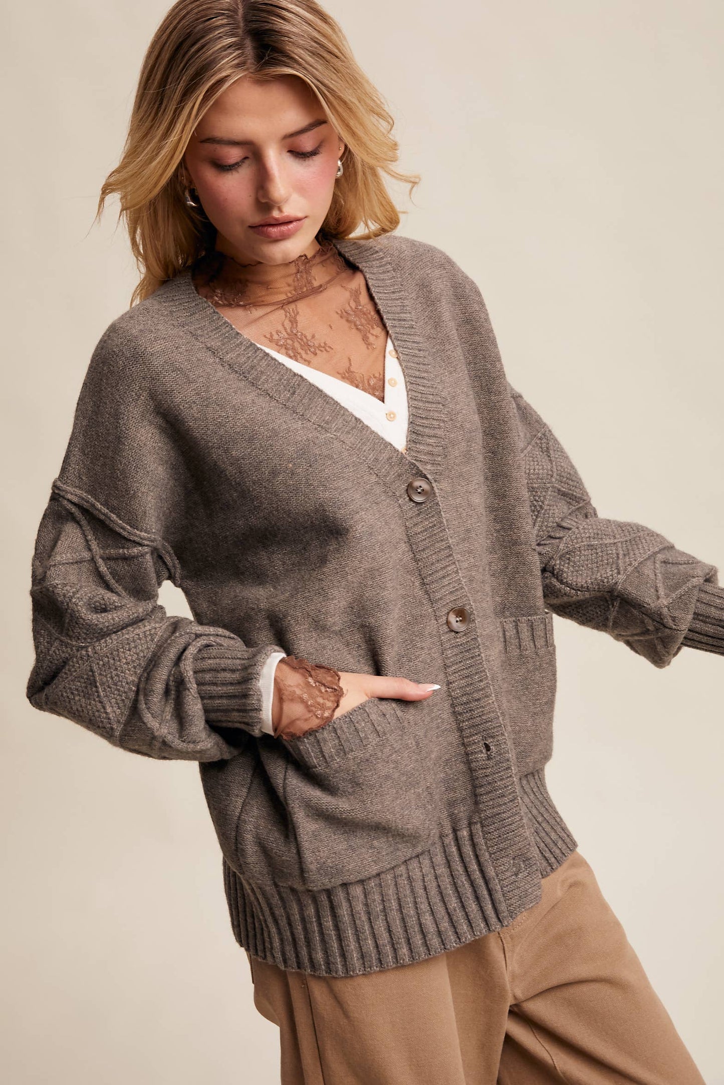 Story Time (Stone) Textured Knit Cardigan