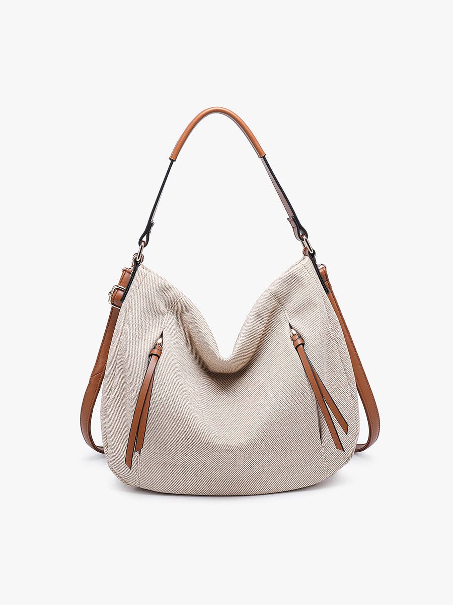 Hailey Faux Canvas Hobo w/ Dual Front Zip Pockets: Beige/Brown