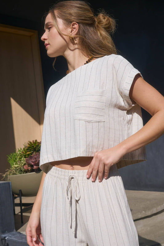 Open Horizon Pinstripe Button Back Top