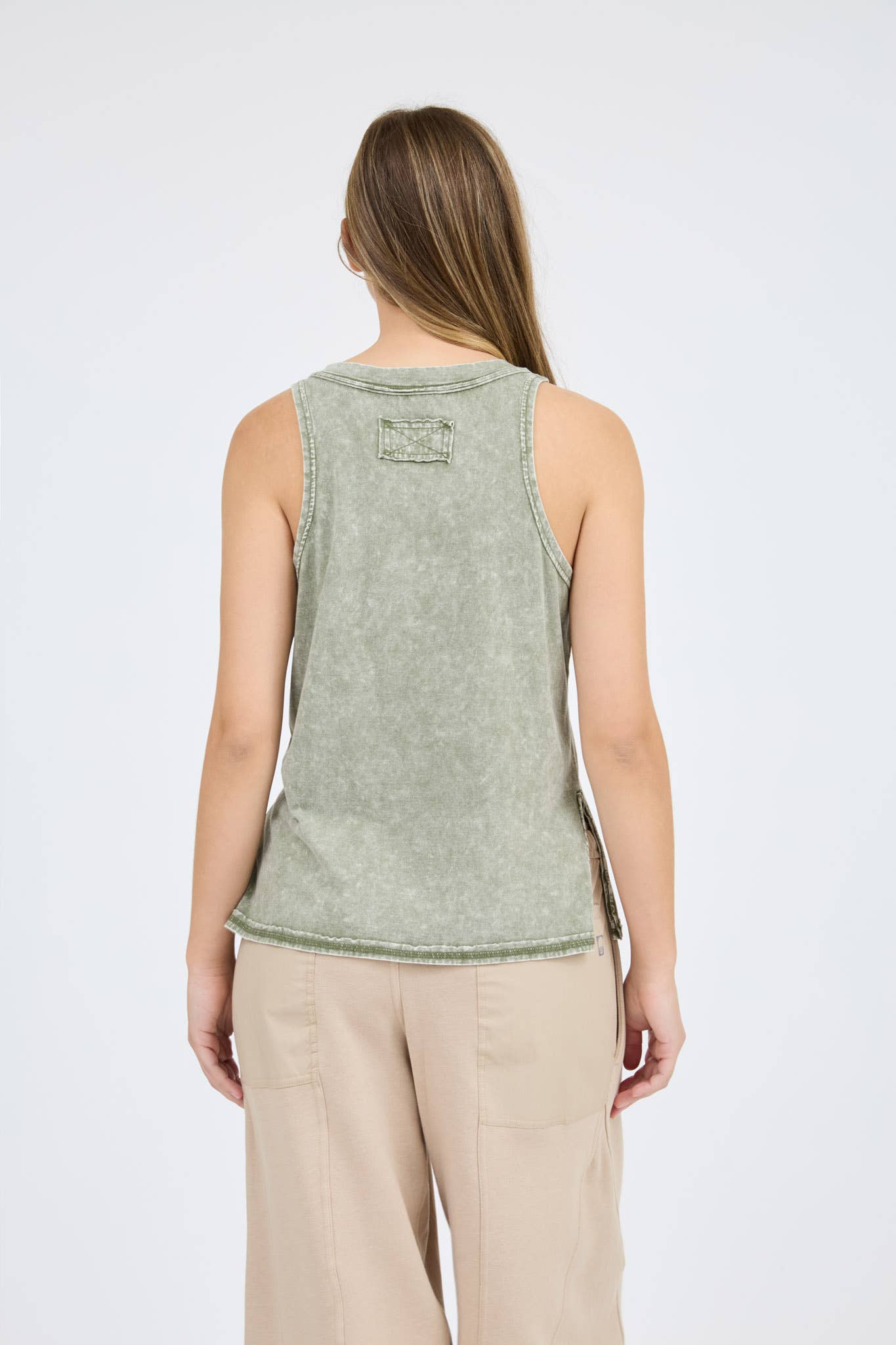 Time Off (Olive) Washed Henley Tank
