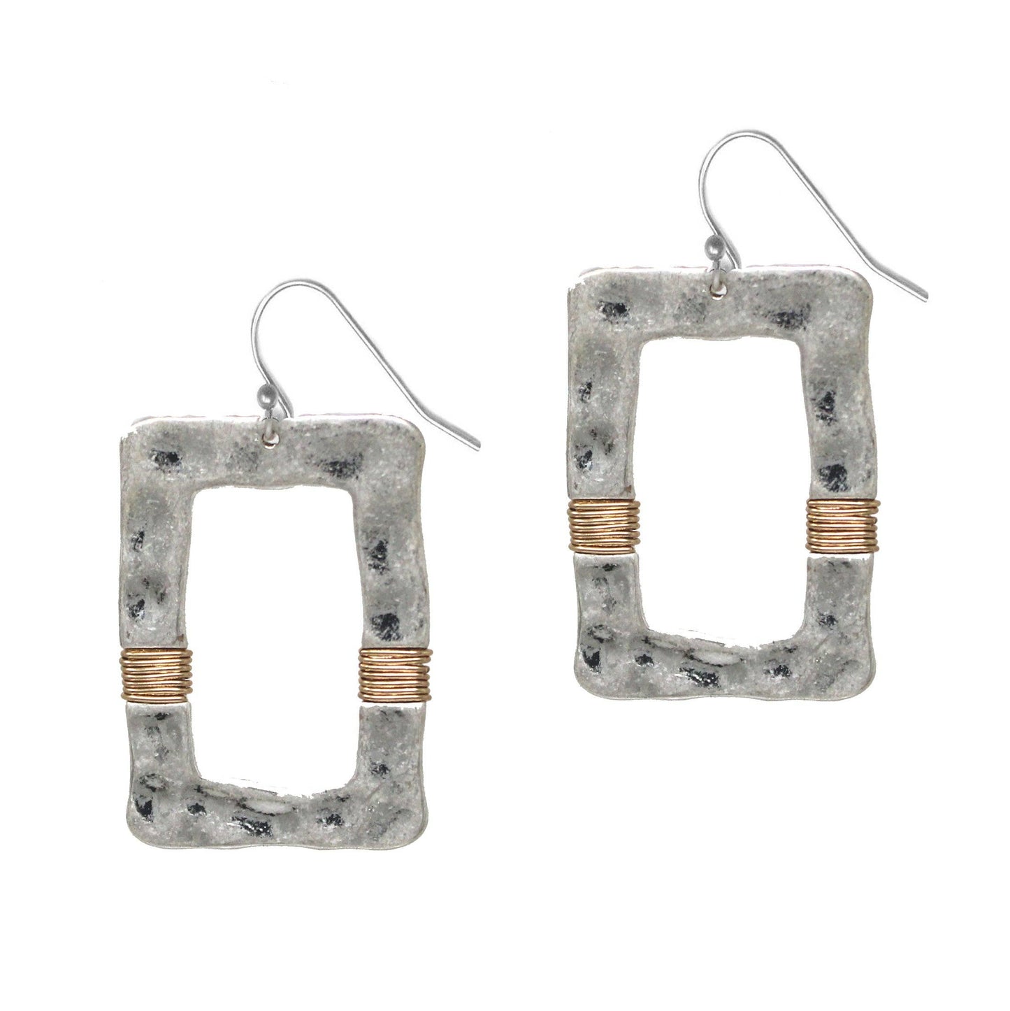 Silver Hammered Rectangle & Gold Wire Earring