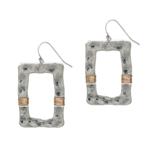 Silver Hammered Rectangle & Gold Wire Earring