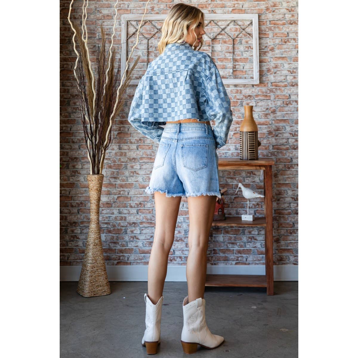 Checked Out Crop Check Denim Jacket