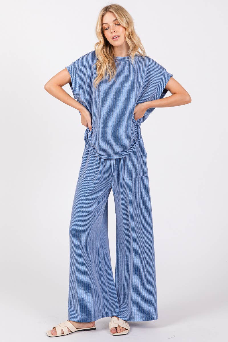 Free Flow (Blue) Stripe Rib Wide Leg Pants