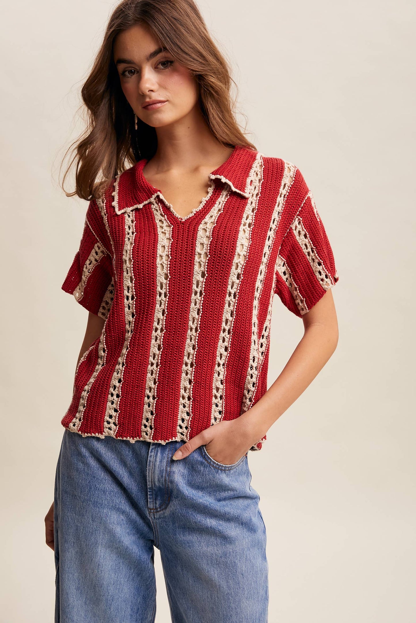 East Meets West (Red) Crochet Stripe Top