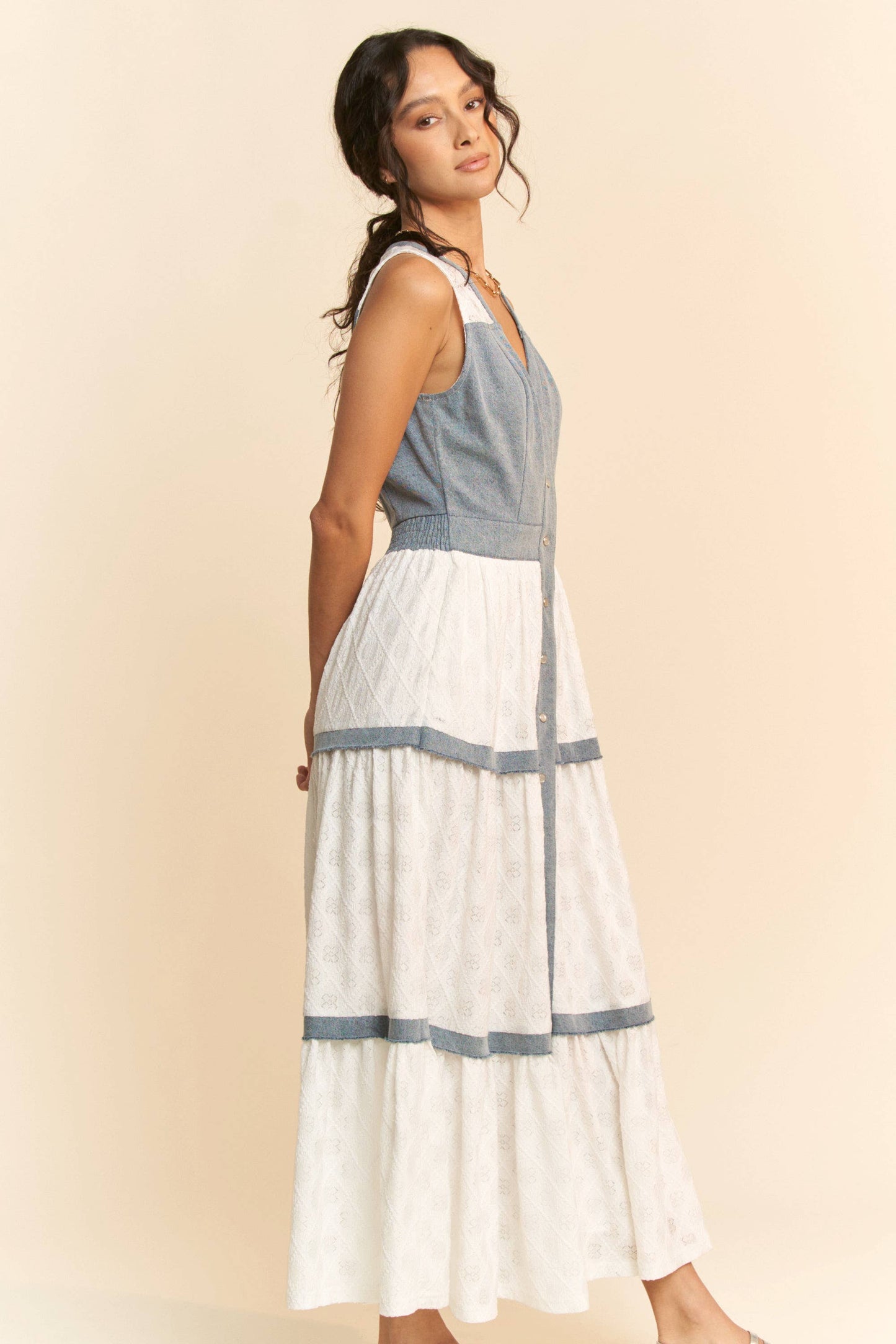 Down A Hidden Lane Denim & Lace Dress