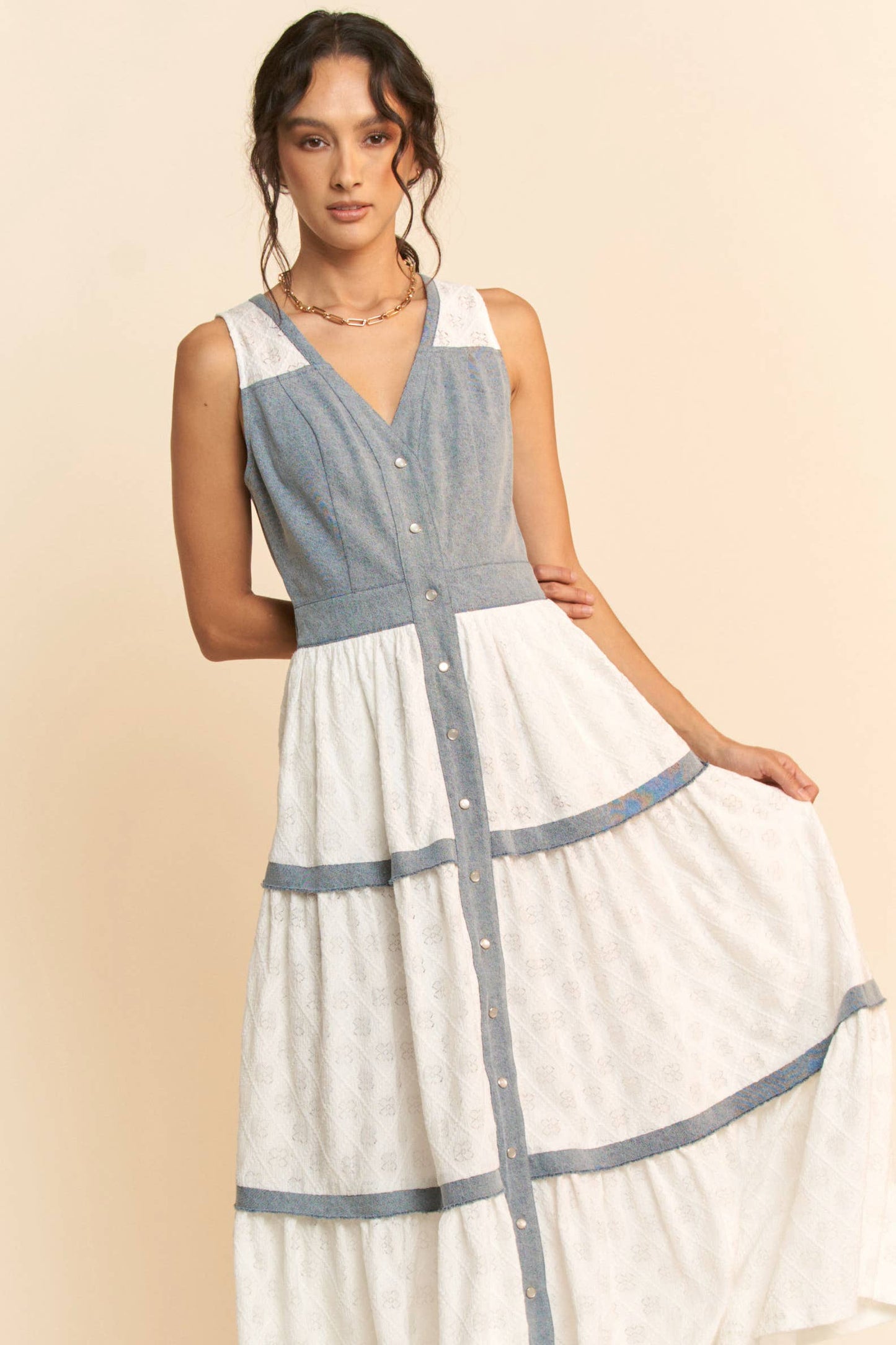 Down A Hidden Lane Denim & Lace Dress